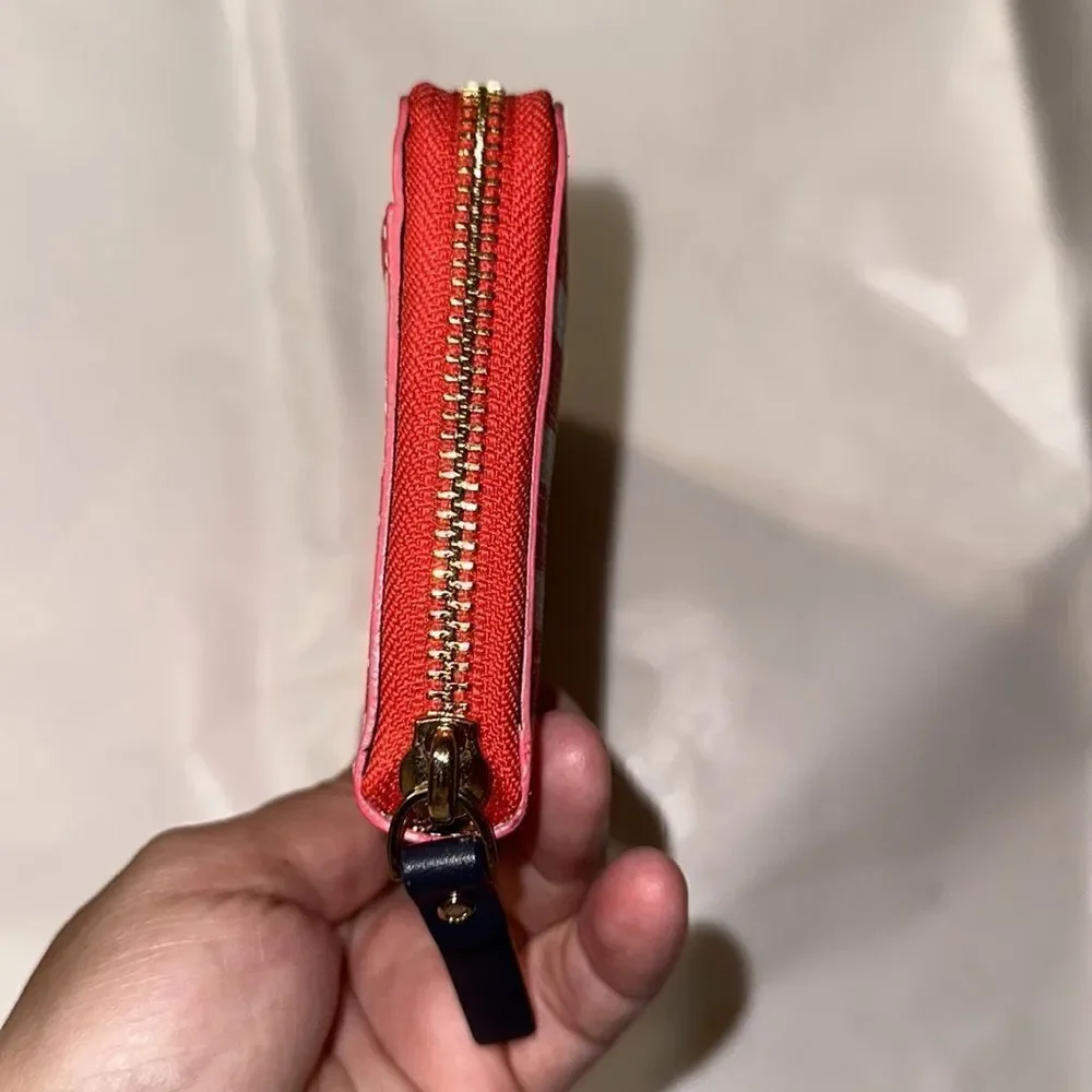 kate spade White Coral Pink Stripe Zip Around Leather Wallet